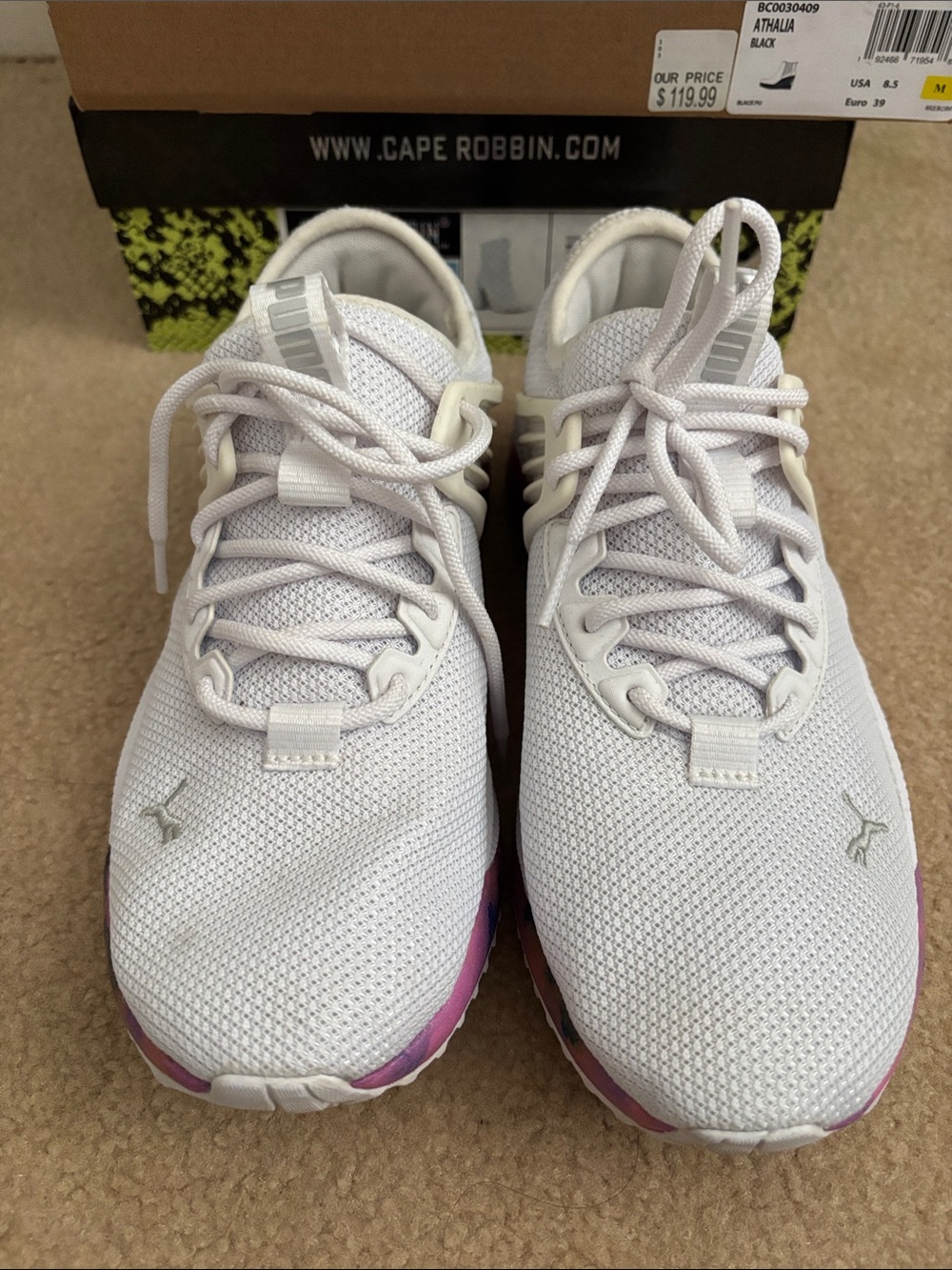 Puma White Knit Athletic Sneakers with Pink/purple Accent